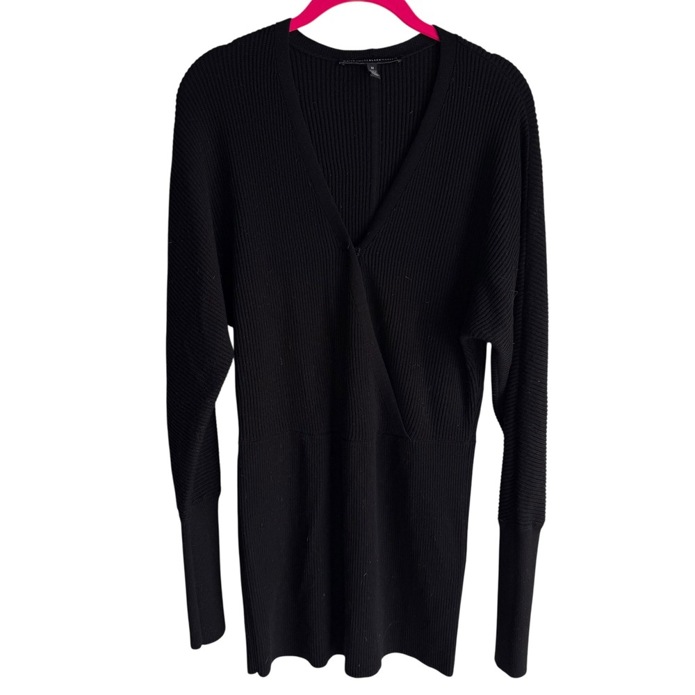 WHITE HOUSE BLACK MARKET Black Ribbed Ladies Dolman Surplice Tunic Sweater, M‎